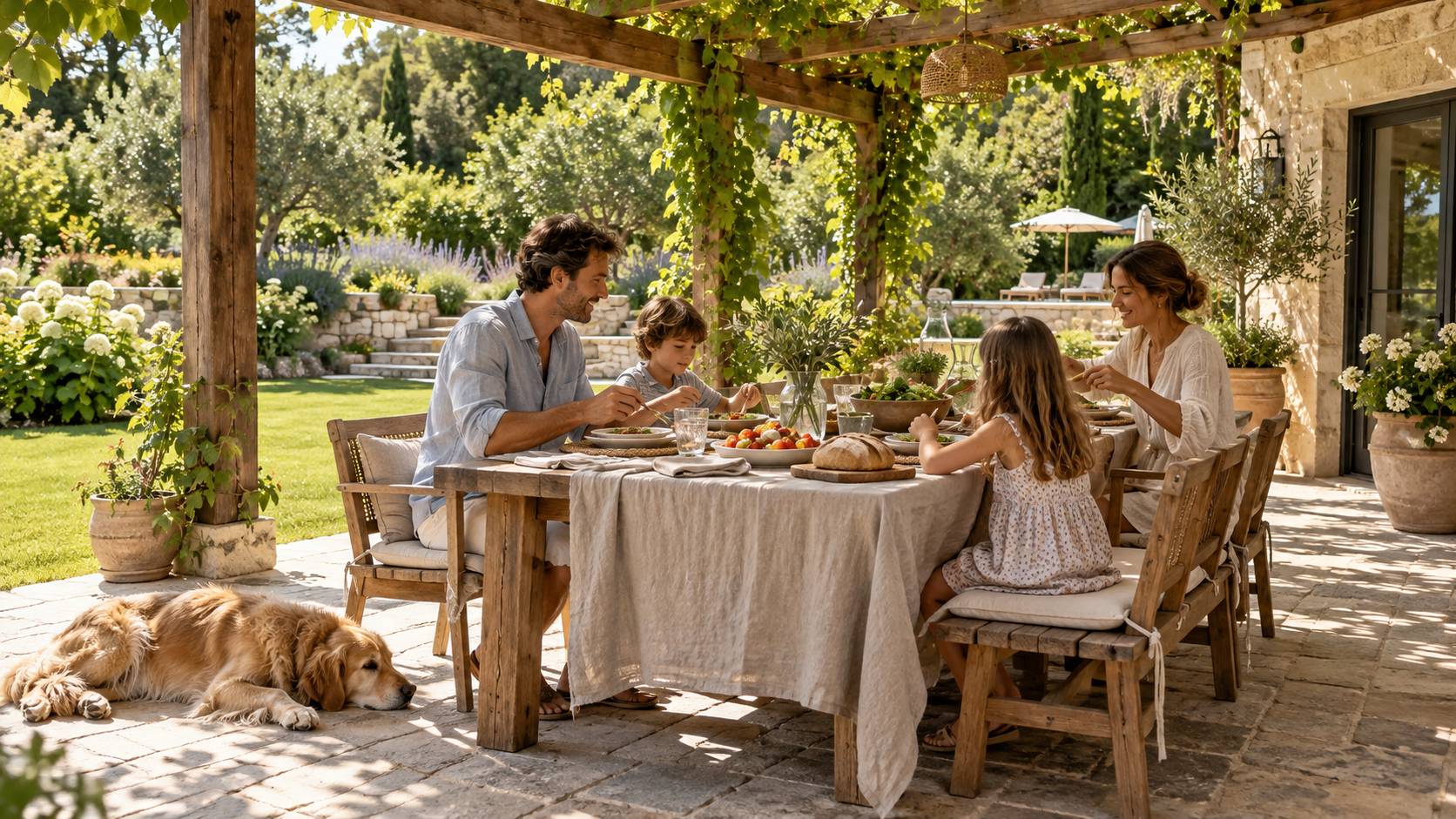 A family eating lunch at a wooden dining table under a vine-covered garden pergola, a golden retriever asleep on the paving