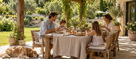 A family eating lunch at a wooden dining table under a vine-covered garden pergola, a golden retriever asleep on the paving