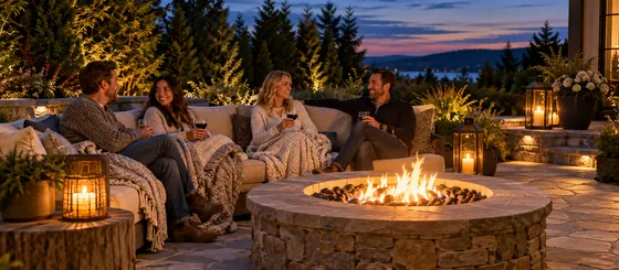Four friends wrapped in knit blankets on an outdoor sectional around a round stone gas fire pit at blue hour