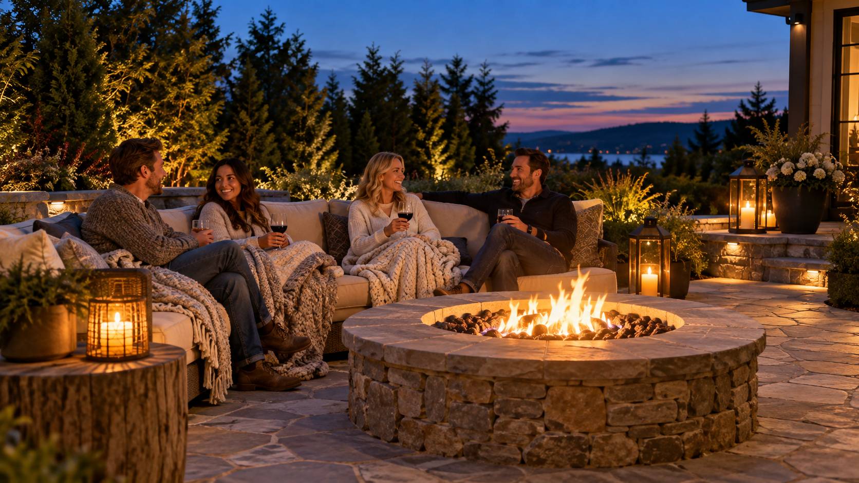 Four friends wrapped in knit blankets on an outdoor sectional around a round stone gas fire pit at blue hour
