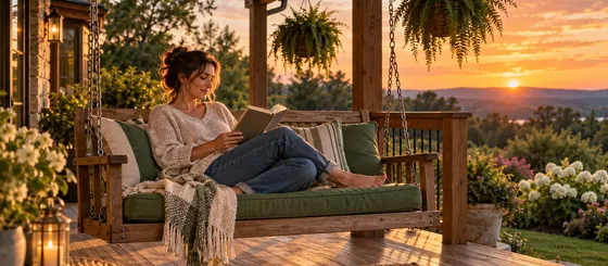 A woman reading on a cushioned wooden porch swing hung on chains, with a sunset over the hills behind