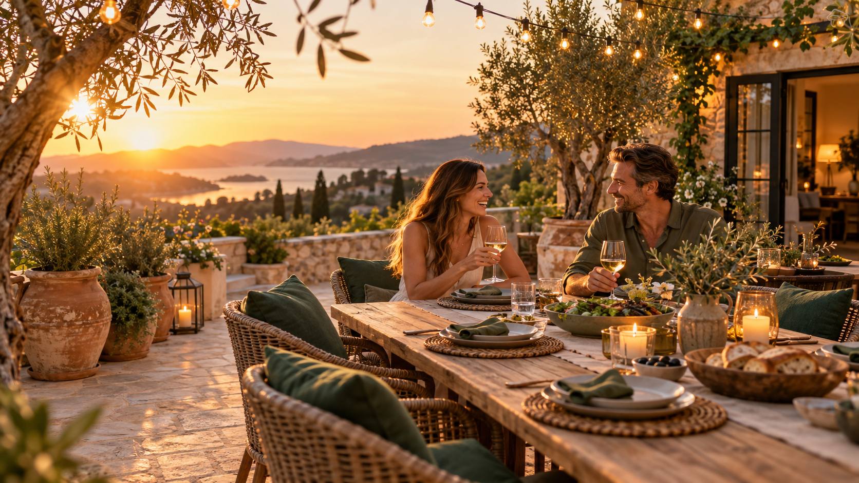 A couple sharing dinner and wine at a long wooden table on a stone terrace at sunset, wicker chairs with green cushions and string lights overhead